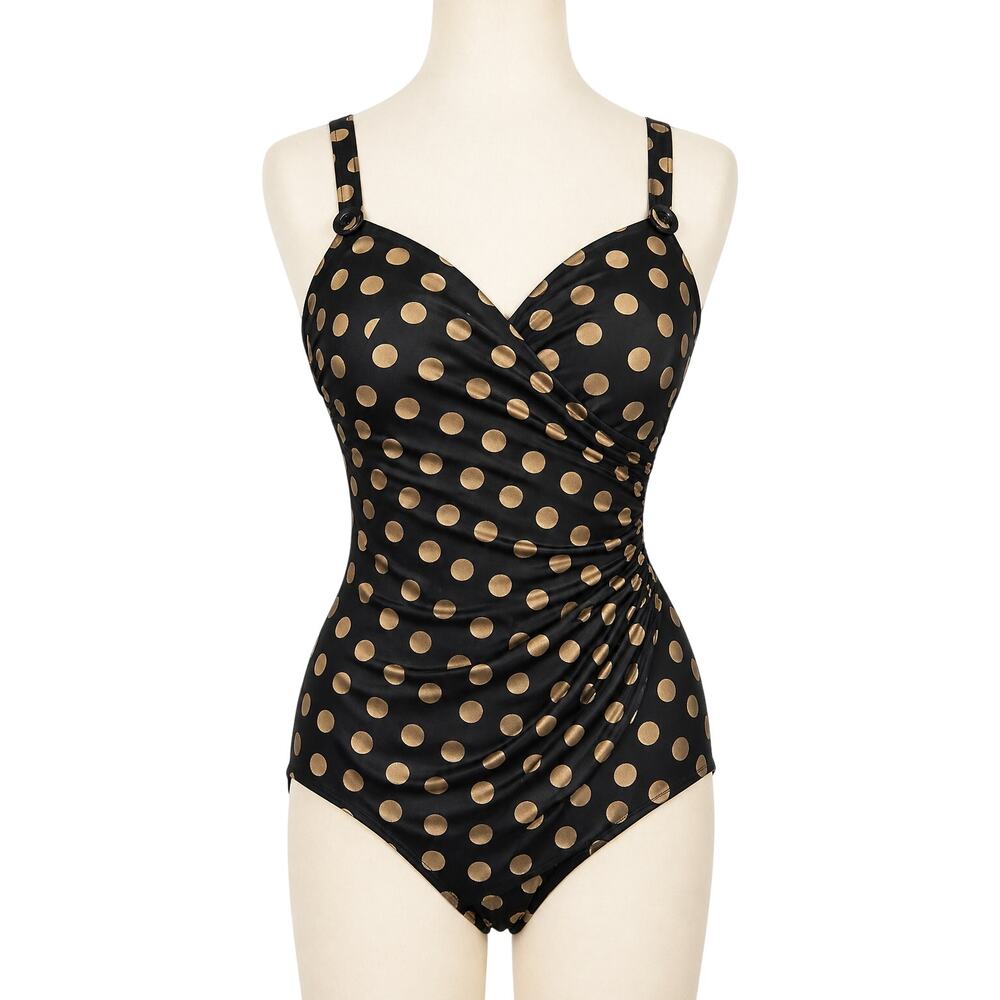 Maxine of Hollywood Black Gold Polka Dot One Piece Swimsuit USA Vintage Ruched